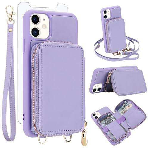 Phone Case for iPhone 11 6.1 Wallet Cell Cover with Tempered Glass Screen Protector Crossbody Strap Lanyard RFID Blocking Credit Card Holder iphone11case iPhone11 i Phone11 11s XI 11R Women Men Purple