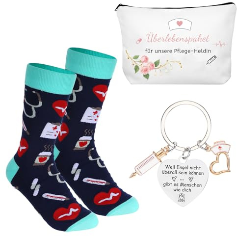 Dankeschön Geschenkset, Krankenschwester Zubehör Set, Bestehend Aus Socken, Schlüsselanhänger Und Krankenschwester Tasche. Geeignet Für Weihnachten, Geburtstage Und Dankeschön-Partys