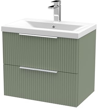 Balterley Vanity Unit with Basin Wall Hung, 2 Drawer Soft Close with Mid Edge Sink and Handles, Bathroom Vanity Units with Basin, Fluted Front Sink Cabinet - 610 x 390 x 540mm (Green)