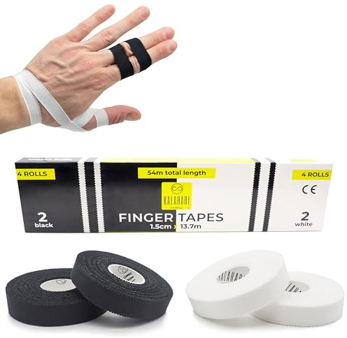 KALAHARI 4 rotoli Tape Dita extra Lungo (Totale 54m), Bianco + Nero, Nastro fasciature, bendaggio sportivo, finger taping, pallavolo, arrampicata – Sport Tape, Non elastico, 100% Cotone, 1.5cm x 13.7m