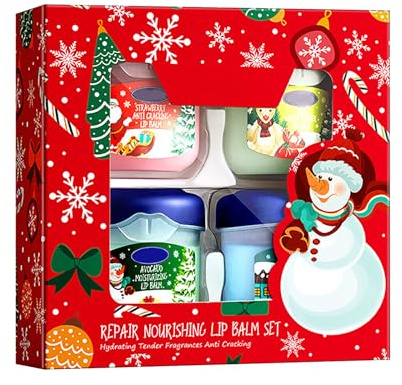 Weihnachts Handcreme Lippenbalsam Set, Feuchtigkeitsspendend Lippenstift Lippenpflege für sehr trockene Lippen, Kleinigkeiten für Adventskalender Geschenk für Frauen (4 Lippenstifte)