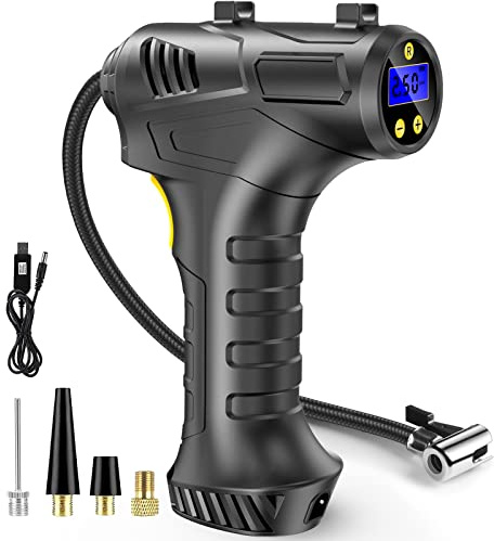 Car Tyre Inflator Air Compressor, 12V USB Rechargeable Battery Cordless Tyre Inflator, 150PSI Portable Car Tyre Pump, Digital Tyre Pump with LED Light and 3 Nozzle Adaptors for Car Motorcycle Bicycle