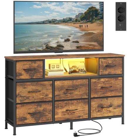 SONGMICS Kommode, Sideboard mit 8 Stoffschubladen, 113,8 x 30 x 68,1 cm | TV-Schrank mit Steckdosen und LED-Beleuchtung, Stahlgestell, für Schlafzimmer, Vintagebraun, BELLAH Kollektion LGS433KD02