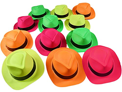 Novelty Place Neon Fedora Partyhüte aus Kunststoff - Gangster Style & UV Schwarzlicht Glow - für Kinder und Erwachsene (24er Pack)