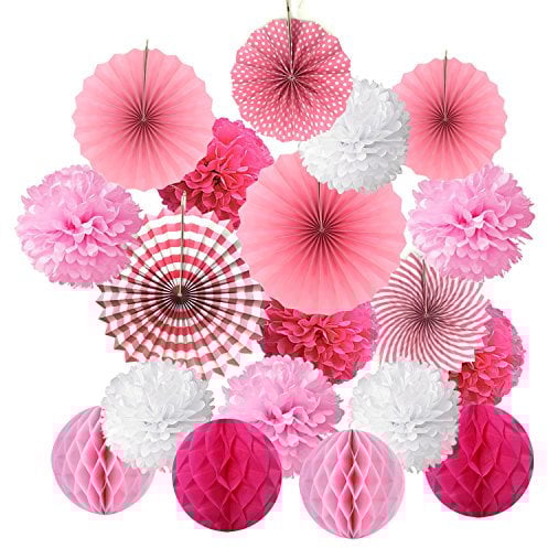 ZERODECO Seidenpapier Pompoms, Papier Fans Fächer und Wabenbälle Dekorpapier Kit für Geburtstag Hochzeit Baby Dusche Parteien Hauptdekorationen - (Rosa)