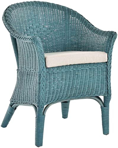 Rattan-Sessel Natur Korb-Sessel Rattansessel Rattanstuhl mit Armlehnen Lounge Flechtsessel (Blau, mit Polster)