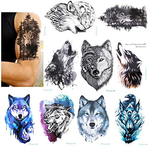 Konsait 9 Blätter Wolf Temporäre Tätowierung schwarz Tattoo Wasserdicht Klebe Tattoo Körperkunst Aufkleber Fake Arm Tattoos Sticker für männer Frauen, 21X15cm