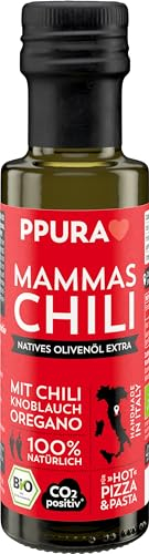 PPURA Bio Natives Olivenöl Extra Mammas Chili | Italienisches Oliven Öl mit Chili, Knoblauch & Oregano | 100% Natürlich, Ohne Zusatzstoffe und Aromen | Kaltgepresst & Lichtgeschützt | 100ml
