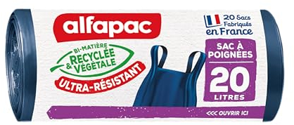 alfapac - 20 sacs-poubelle 20L à poignées ultra-résistant- fabriqués en France - bi-matière recyclée & végétale