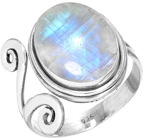 Jeweloporium Silberring mit weißem Mondstein, Größe 55 (17,5), 925er Sterlingsilberring für Damen, natürlicher klobiger ovaler Stein, Boho-Schmuck