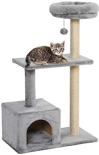 PawHut 96cm Cat Tree Condo Sisal Scratching Post Cat Tower Kitten Play House Dangling Ball Activity Center Furniture Grey