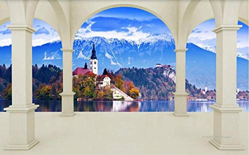 Papier Peint Panoramique Peinture Murale Interieur Lac Du Château De La Colonne Romaine Et Paysage De Montagne De Neige Tapisserie Murales Papier Peint 3D Salon Chambre Décoration 350cmx256cm