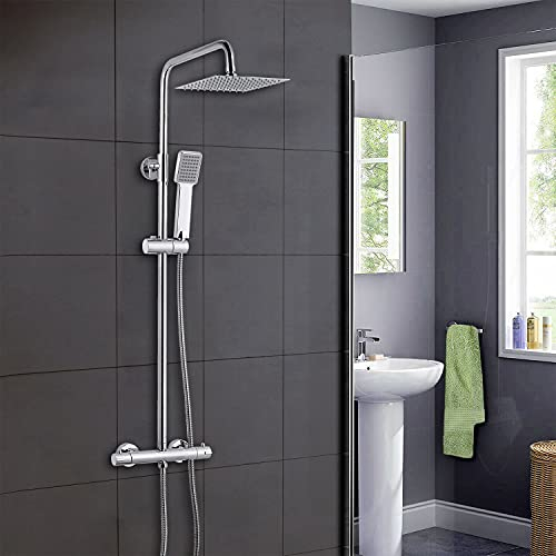 Xinyang Bathroom Thermostatic Valve Shower Mixer Set, Handheld Shower and with 8 Overhead Adjustable Rainfall Shower Taps and Independent Water Control, Twin Head & Hose Chrome Plated Set