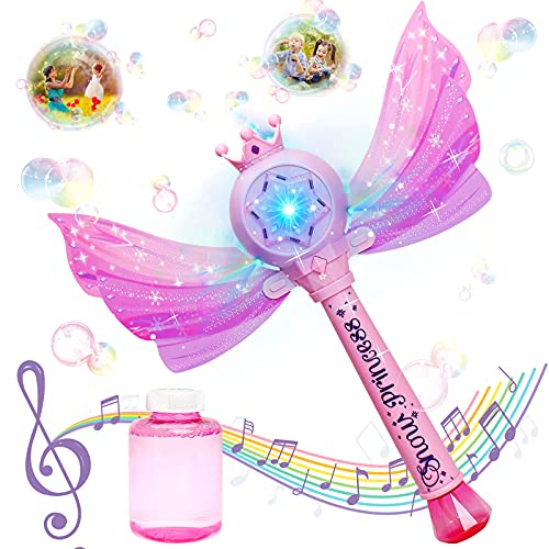 Sitodier Seifenblasenmaschine für Kinder,Prinzessin Bubbles Zauberstäbe für Mädchen mit abnehmbaren Flügeln 1000+Luftblasen Pro Minute, Outdoor Seifenblasengebläse Spielzeug mit Licht und Musik
