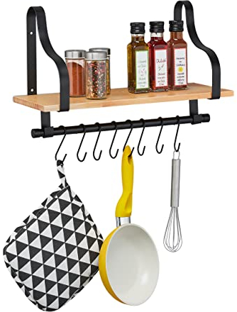 Relaxdays Mensola da Cucina dal Design Industrial, 8 Ganci, Organizer da Parete, Porta Spezie, Nero e Marrone Chiaro, Ferro, 26,5 x 43 x 18 cm