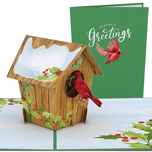 Lovepop® Kardinal-Vogelhaus Premium 3D Pop-Up Weihnachtskarte für Freunde, Familie, Verwandte, Mutter | mit Versteckfach für Geldgeschenke & Gutscheine | inkl. Umschlag | Ausziehbare Notiz