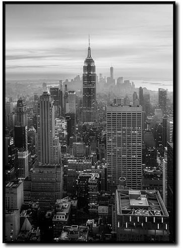 daazoo Bild New York Empire State Building mit Rahmen 50 x 70 cm (AUFHÄNGFERTIG) - Blick auf die Skyline von New York - Gerahmtes Wandbild - Bilder Set - schwarzweiß schwarzweiss schwarz weiss weiß