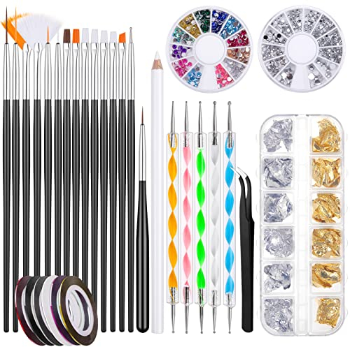 Kiiwah Kit de 31 Pièces Nail Art Design, 15 Pinceau à Ongles, 5 Dotting Pens, 2 Boîtes Ongles Strass, 10 Striping Tape et Feuille de Or & Argent pour Manucure Professionnel Femmes