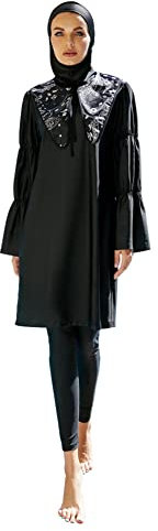 OBEEII Muslimischer Badeanzug für Damen, Dreiteiliger Einfarbiges Oberteil + Hose +Hijab Halstuch, Volle Abdeckung Damenmode Sexy Bikini-Set Sommerliches arabisches Langarm-Badeanzug-Set Schwarz01 S
