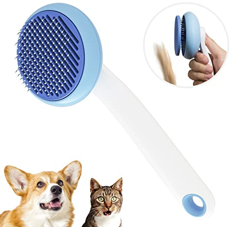 Self-Cleaning Slicker Brush for Pet Grooming: Removes Tangles, Loose Undercoat & Mats from Cats & Dogs (Blue)