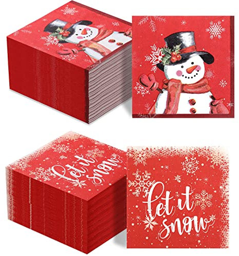 100 Stück Weihnachten Schneemann Servietten Winter Schneeflocken Cocktail Servietten Let It Snow Papierservietten mit Motiv für Getränke Urlaub Neujahr Familientreffen Abend Party (Rot)