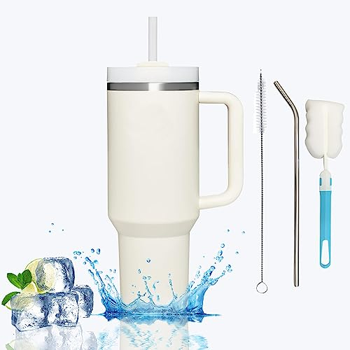 Thermobecher mit henkel strohhalm,40oz 1200ml Doppelwandiger Edelstahl Vakuum Isolierbecher,Tumbler Cup, Reisebecher Edelstahl, Tragbare Autobecher 4 Haken und 2 Tasse(Weiß