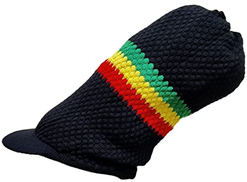 Shoe String King SSK Rasta Knit Tam Hat Dreadlock Cap Mehrere Designs und Größen, Langer, schwarzer Ryg-Streifen mit Krempe, Einheitsgröße
