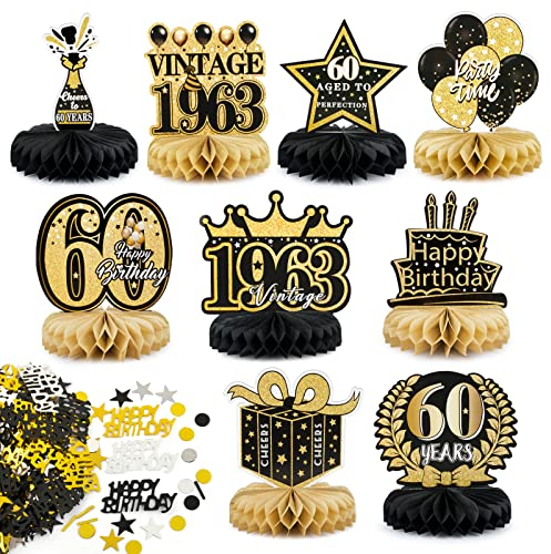 BETESSIN 60. Geburtstag Deko Männer Schwarz Gold - inkl. 9 Stück Bienenwabe Mittelstück und 15g Happy Birthday Konfetti - Tischdekoration zum 60. Geburtstag für Männer und Frauen