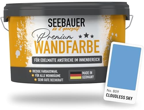 SEEBAUER diy Wandfarbe Blau 10L für Innen (No. 809 Cloudless Sky) Edelmatte blaue Innenfarbe - Blautöne sehr hohe Deckkraft - Matt, Abwaschbar und Tropffrei