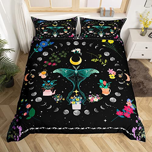 Girls Butterfly Bedding Sets King Rainbow Floral Comforter Cover For Girls Women, Vintage Moon Phase Bed Set Glitter Stars Duvet Cover, Botanical Plants Quilt Cover Black Decor