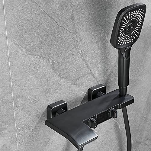 Yalsfowe Badewannenarmatur Wasserfall Matt Schwarz Badewannenarmatur mit Handbrause Temperaturanzeig Messing Mischbatterie Badewanne mit Brause Wasserhahn Badewanne