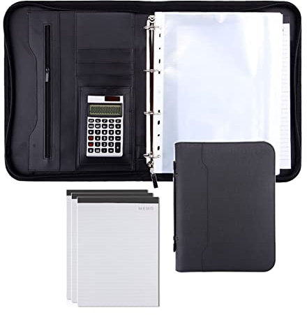 A4 Padfolio Portfolio Case Portfolio Folder Binder Organizer Cartella Zipper Business Notebook Writing Pad Business for Interviste Conferenza Presentazione Pelle PU ( Color : Black , Size : 12-digit c