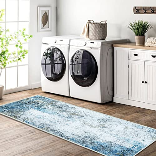 JURLEA Flurläufer Rutschfester Teppichläufer für Flure Küche & Wohnzimmer waschbar leicht Langer Läufer (Creme/Blau, 60 x 300 cm)