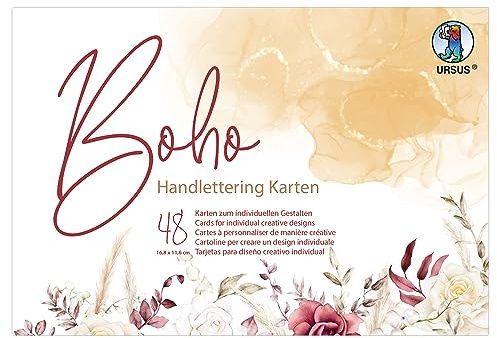 Ursus 24966499F - Handlettering Karten, Boho, 16,8 x 11,6 cm, 300 g/qm, 48 Blatt, Fotokarton in je 16 Motiven, zum kreativen Gestalten