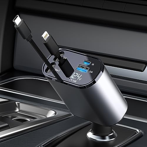 Aimtel Retráctil Cargador de Coche,PD USB Carga Rapida Cargador Automóviles Coche Cargador Adaptador Mechero Coche Compatible con iPhone/Galaxy/Google/Huawei/Tablet