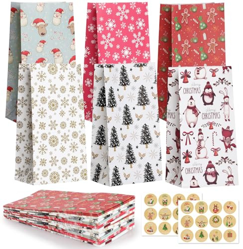 Bigqin 24 Stück Papiertüten Weihnachten, Bunte Geschenktüten mit 24 Aufklebern, Kekstüten Süßigkeiten Candybar Tüten zum Verpacken von Gastgeschenke für Weihnachten Partys - 23x12x7.5cm