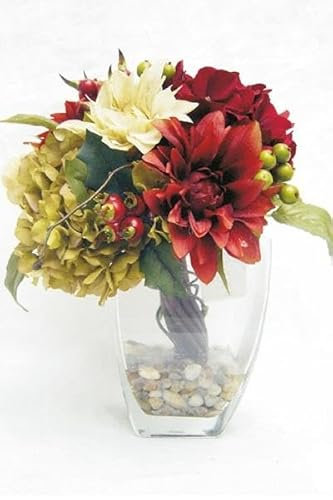 artplants.de Kunstblumen Gesteck Dahlie, Hortensie THEES, Dekoglas, rot-Creme-grün, 30cm, Ø25cm - Künstliches Blumenarrangement