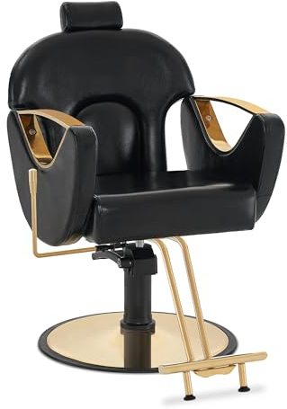 Barberpub Friseurstuhl mit Kopfstütze, Friseursessel Höhenverstellbar & 360°Drehbar, Friseureinrichtung Kippbar, Bedienungsstuhl Hydraulisch Kunstleder, 9578 (Gold-Schwarz)