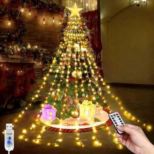 Christmas Lights, USB Waterfall String Light, 6.6 ft 9 Strand 198 LEDs String Light with Topper Star, 8 Modes Christmas Decorations Lights with Remote for Christmas Tree New Year Xmas Decorations