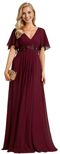 Ever-Pretty Women's Chiffon V Neck Short Sleeves Appliques Formal Evening Dresses Bridesmaid Burgundy 14UK