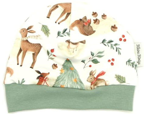 Kleine Könige Mütze Baby Mädchen Beanie · Modell Winter Hase REH Weihnachtswald, Mint · Ökotex 100 Zertifiziert · Größe 86/92
