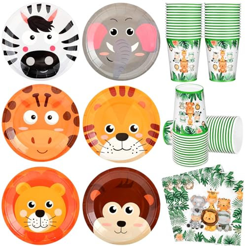 Jingmore 90 Pcs Jungle Safari Party Decorations Animals Themed Disposable Tableware Set for 30 Guests Zoo Paper Plates Jungle Napkins and Cups for Wild Animal Safari Zoo Birthday Baby Shower Supplies