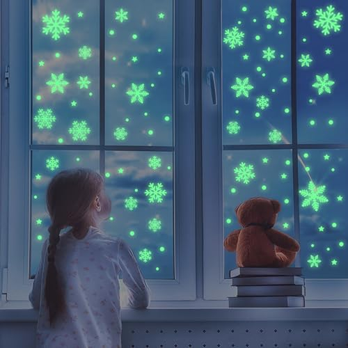 VntMQP 146 Stück Enhanced Fluoreszierend Schneeflocke Weihnachten Fenster Statisch Leuchtend Aufkleber, Glow-in-the-Dark PVC Schneeflocke Weihnachtsdekorationen, Schneeflocken Aufkleber