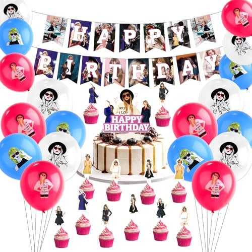 Dekewe 32 PCS Tay-or Balloons, Music Singer Birthday Party Supplies, Cake Decoration, Happy Birthday Hanging Banner, Cupcake Toppers