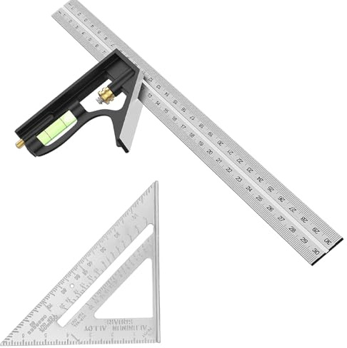 2 Pcs Combination Triangle Rule, 12 Inch Square Angle Ruler with Spirit Level, Set Square Carpentry﻿, Metric Stainless Square Tool for Accurate Measurement