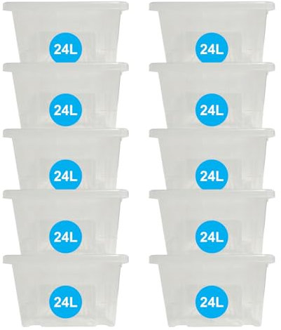 RelianceUK 24L Clear Plastic Storage Boxes with Lids - Heavy Duty, Stackable Containers for Clothes, Shoes, Crafts - Ideal for Home, Office, Kitchen - 24 Litres (24 Litre / 10 Pack)