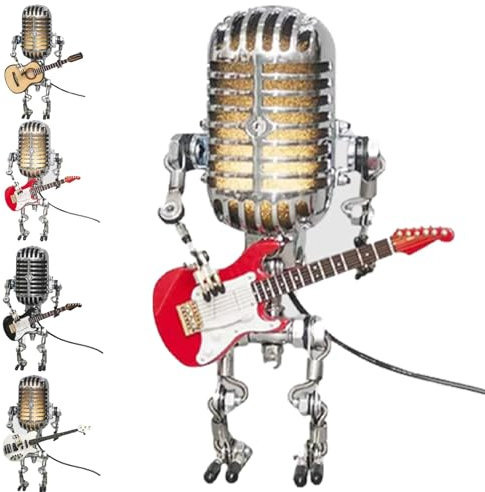 Nihexo Retro Style Microphone Robot Table Lamp, Metal Desk Lamp with Mini Guitar (Red)