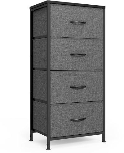 Xbro Kommode, Schmale Kommode mit 4 Stoffschubladen, Aufbewahrungsschrank für Schränke, Kommode mit Holzplatte und Metallrahmen für Schlafzimmer, Wohnzimmer, Flur (Dunkelgrau)