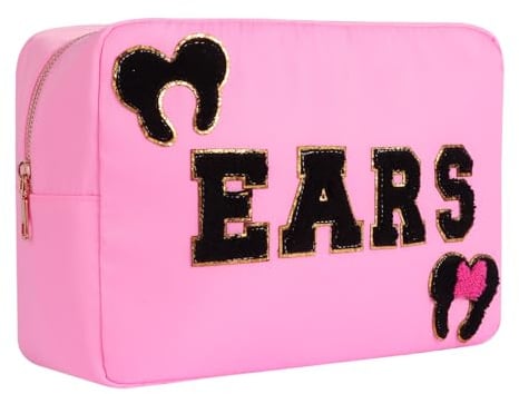 Mouse Ears Bag Travel Case Hair Accessories Organizer Bow Mouse Ears Headbands Holder Storage Nylon Large Chenille Letter Makeup Bag Park Travel Essentials Gifts for Women, PINK