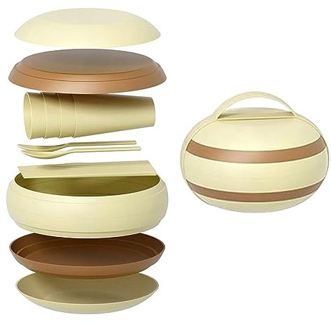 Asuinxurr Juego de vajilla de camping (17 piezas), juego de cubiertos portátil reutilizable de plástico, y vaso esenciales para exteriores, color beige